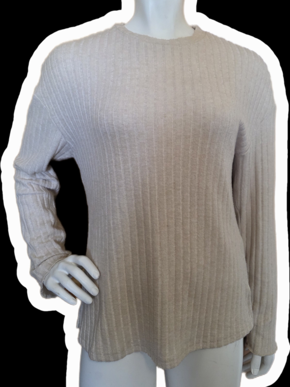 Ribbed Crewneck Sweater in Light Beige